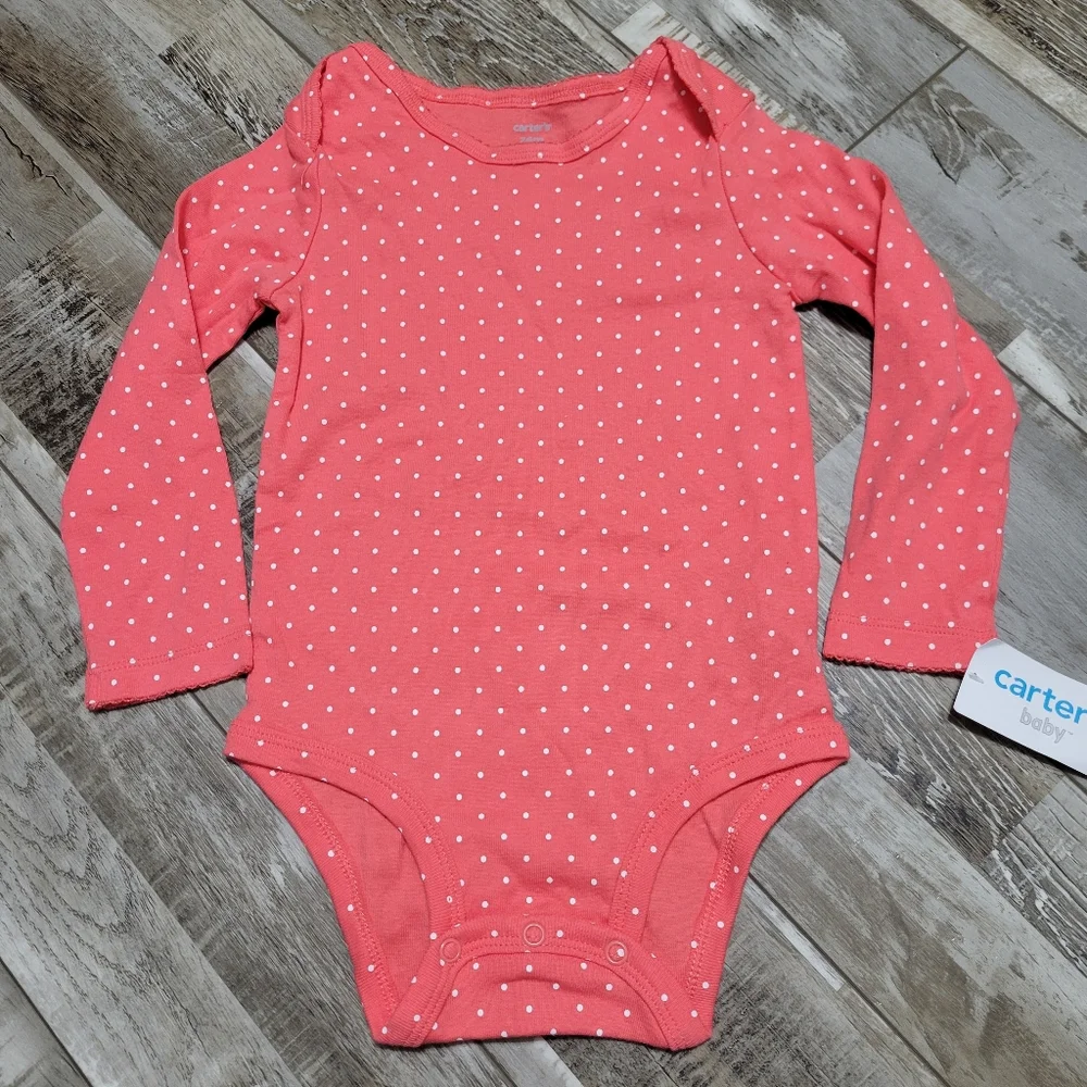 New Carter's Baby Coral Pink Polka Dot Long Sleeve Onesie Size 24M